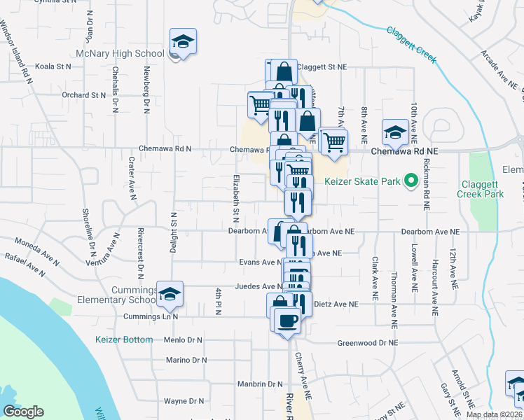 map of restaurants, bars, coffee shops, grocery stores, and more near 212-236 Churchdale Avenue North in Keizer