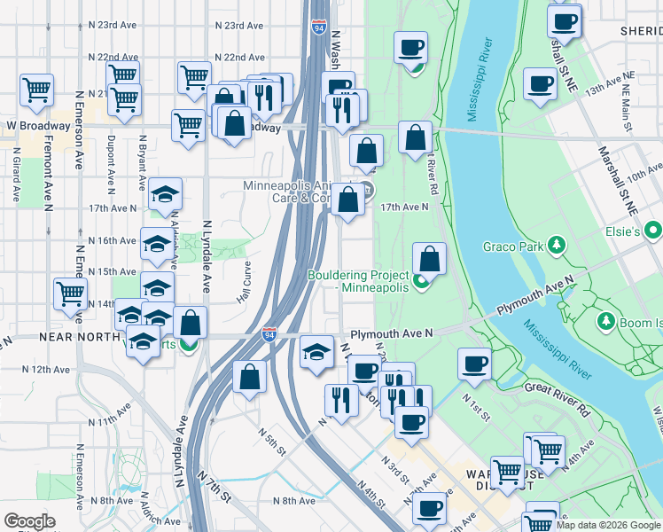 map of restaurants, bars, coffee shops, grocery stores, and more near 1429 North Washington Avenue in Minneapolis