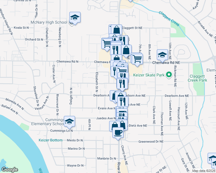 map of restaurants, bars, coffee shops, grocery stores, and more near 228 Churchdale Avenue North in Keizer