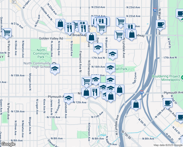 map of restaurants, bars, coffee shops, grocery stores, and more near 1500 Emerson Avenue North in Minneapolis