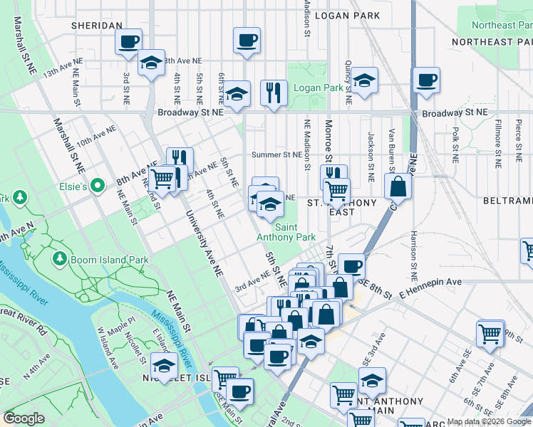 map of restaurants, bars, coffee shops, grocery stores, and more near 425 5th Street Northeast in Minneapolis