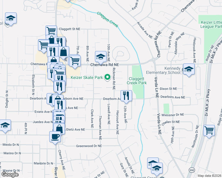 map of restaurants, bars, coffee shops, grocery stores, and more near 4838 Rickman Road Northeast in Keizer