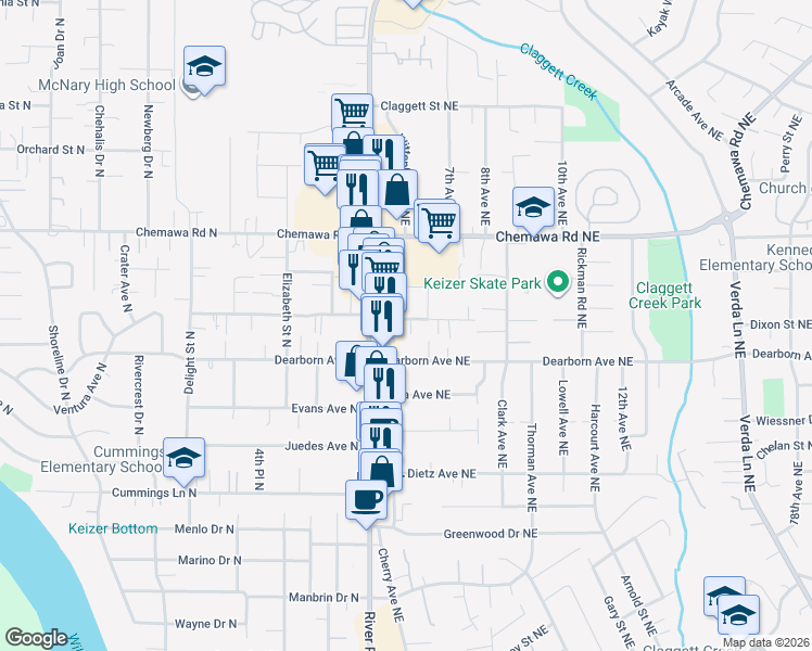 map of restaurants, bars, coffee shops, grocery stores, and more near 4848 River Road North in Keizer