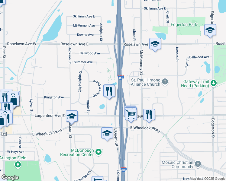 map of restaurants, bars, coffee shops, grocery stores, and more near Larpenteur Ave E in St Paul