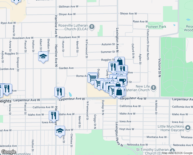 map of restaurants, bars, coffee shops, grocery stores, and more near 1759 Dunlap Street North in Roseville