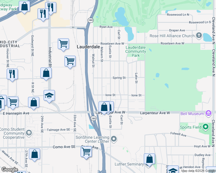 map of restaurants, bars, coffee shops, grocery stores, and more near 1755 Eustis Street in Lauderdale