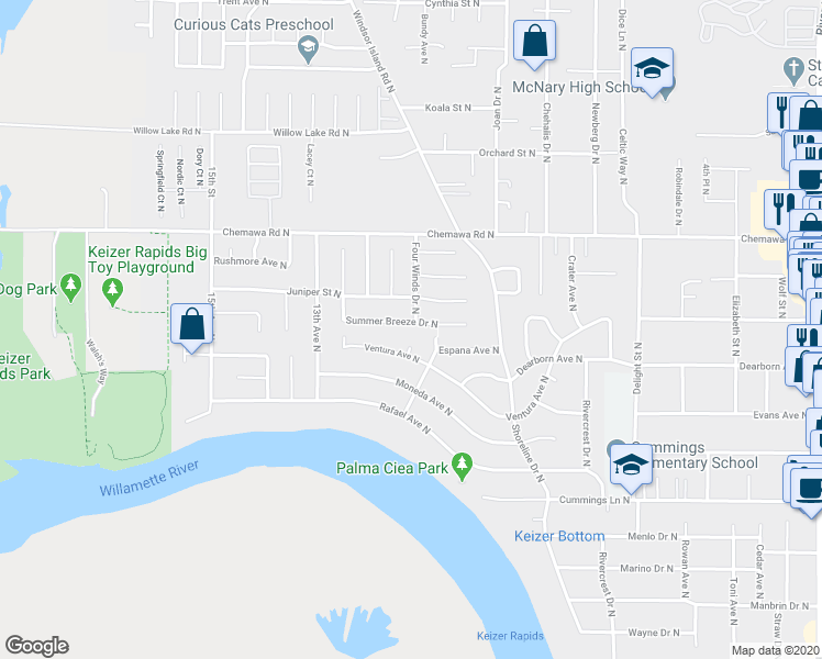 map of restaurants, bars, coffee shops, grocery stores, and more near 1076 Summer Breeze Drive North in Salem
