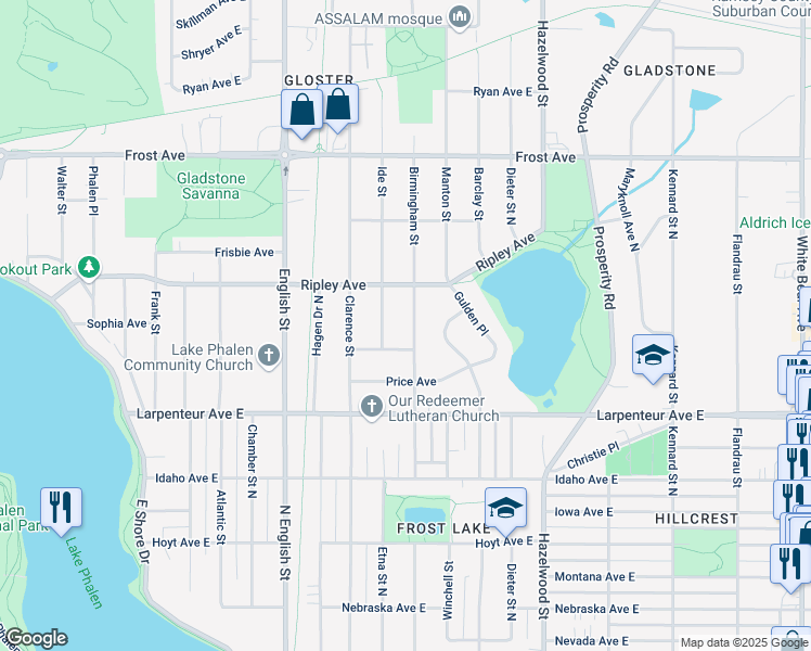 map of restaurants, bars, coffee shops, grocery stores, and more near 1746 Birmingham Street in Saint Paul