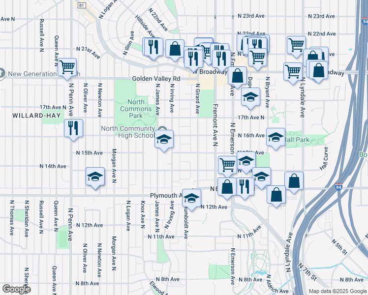 map of restaurants, bars, coffee shops, grocery stores, and more near in Minneapolis