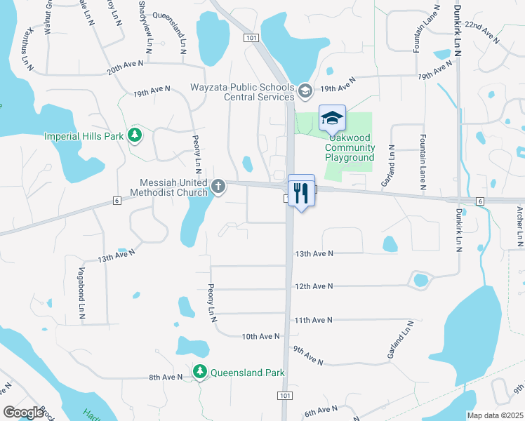 map of restaurants, bars, coffee shops, grocery stores, and more near 1465 County Road 101 in Plymouth