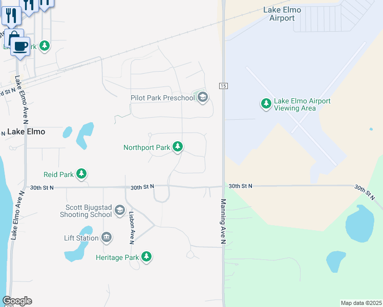 map of restaurants, bars, coffee shops, grocery stores, and more near 11837 Lower 31st Street North in Lake Elmo