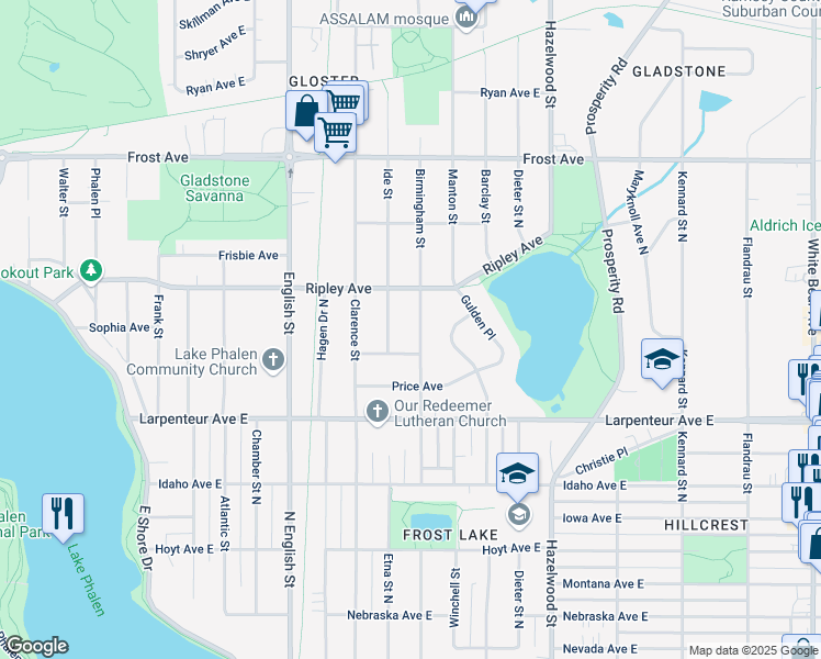 map of restaurants, bars, coffee shops, grocery stores, and more near 1746 Birmingham Street in Saint Paul