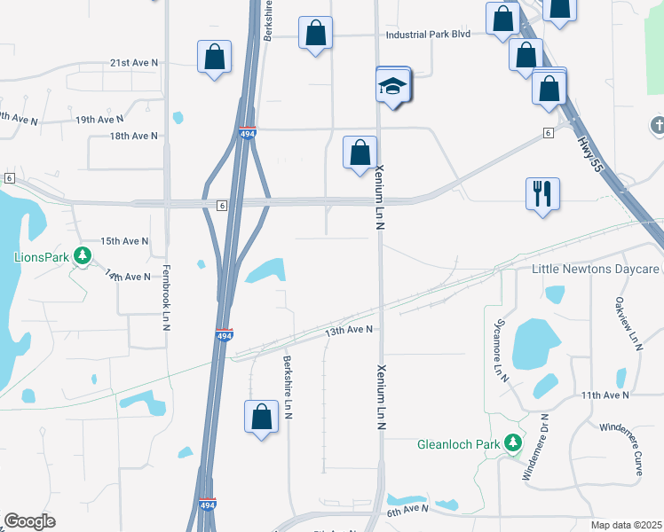 map of restaurants, bars, coffee shops, grocery stores, and more near 1405 Xenium Lane North in Plymouth