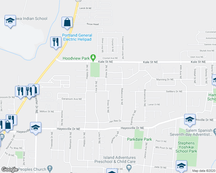 map of restaurants, bars, coffee shops, grocery stores, and more near 4842 Drew Street Northeast in Salem