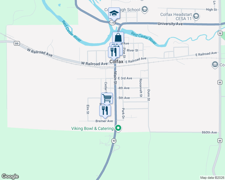 map of restaurants, bars, coffee shops, grocery stores, and more near 202 Cedar Street in Colfax