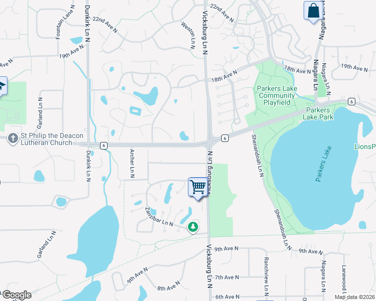 map of restaurants, bars, coffee shops, grocery stores, and more near 16005 County Road 6 in Plymouth