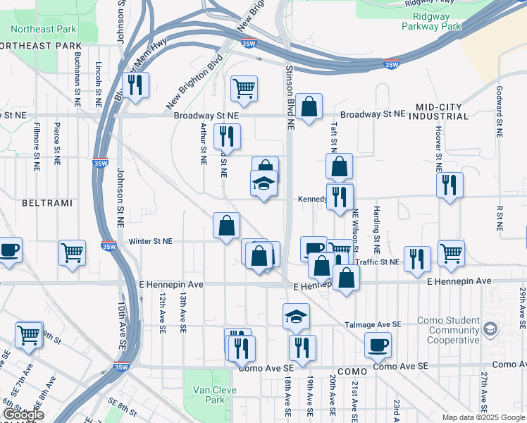 map of restaurants, bars, coffee shops, grocery stores, and more near 2318 Kennedy Street Northeast in Minneapolis