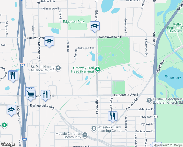 map of restaurants, bars, coffee shops, grocery stores, and more near 1745 Edgerton Street in Saint Paul
