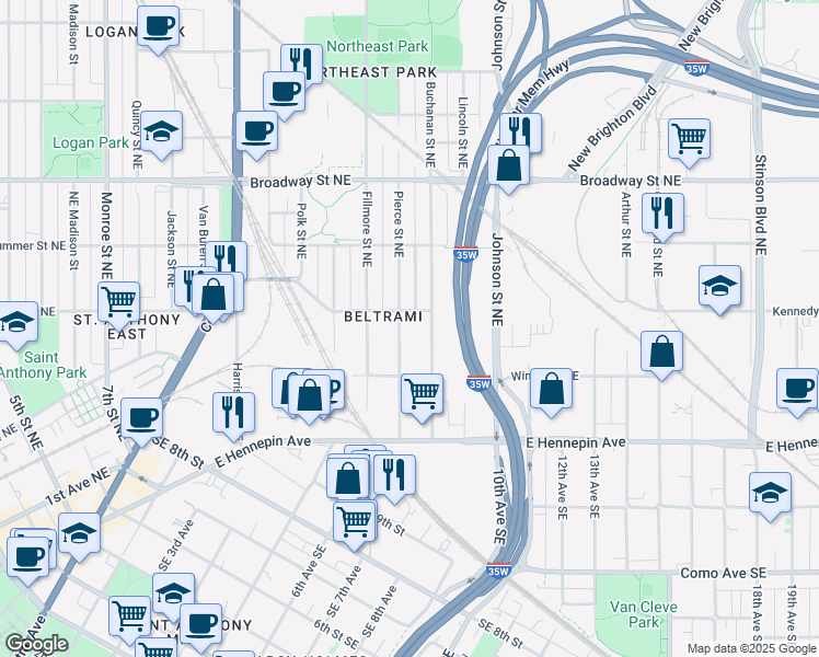 map of restaurants, bars, coffee shops, grocery stores, and more near 422 Buchanan Street Northeast in Minneapolis