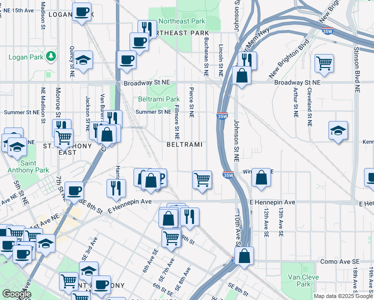 map of restaurants, bars, coffee shops, grocery stores, and more near 422 Pierce Street Northeast in Minneapolis
