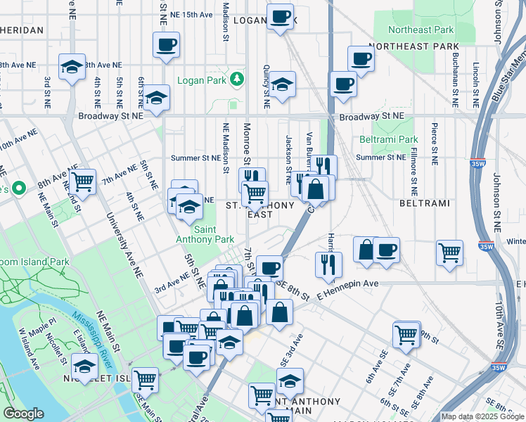 map of restaurants, bars, coffee shops, grocery stores, and more near 319 Monroe Street Northeast in Minneapolis
