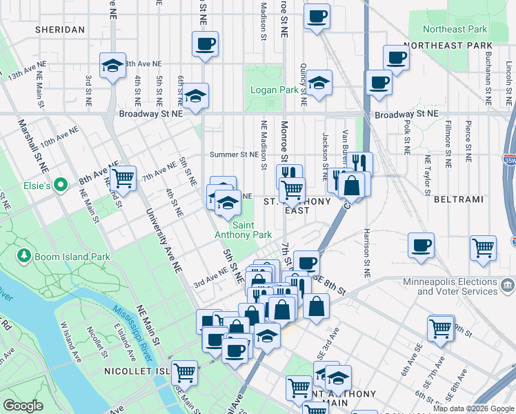 map of restaurants, bars, coffee shops, grocery stores, and more near 425 Northeast Madison Street in Minneapolis