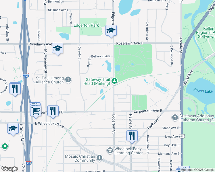 map of restaurants, bars, coffee shops, grocery stores, and more near 1745 Edgerton Street in Saint Paul