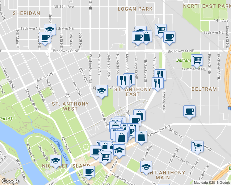 map of restaurants, bars, coffee shops, grocery stores, and more near 444 Madison St NE in Minneapolis