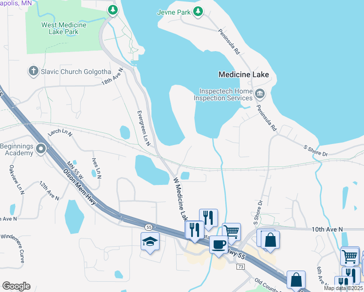 map of restaurants, bars, coffee shops, grocery stores, and more near 1300 West Medicine Lake Drive in Plymouth