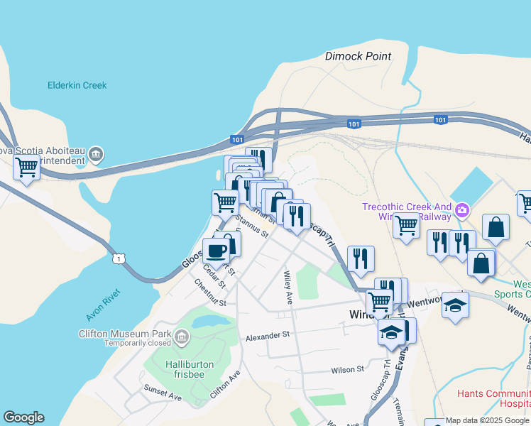 map of restaurants, bars, coffee shops, grocery stores, and more near 87 Gerrish Street in Windsor