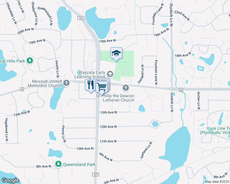 map of restaurants, bars, coffee shops, grocery stores, and more near 17363 County Road 6 in Plymouth