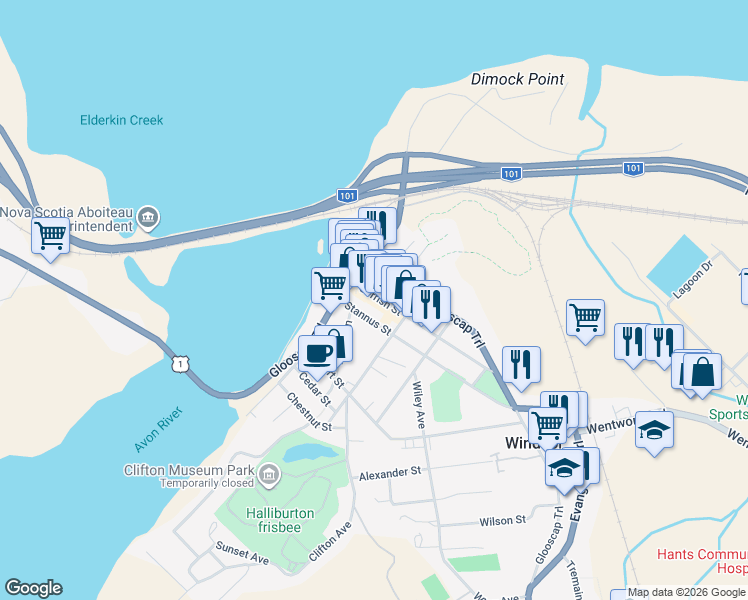 map of restaurants, bars, coffee shops, grocery stores, and more near 62 Gerrish Street in Windsor