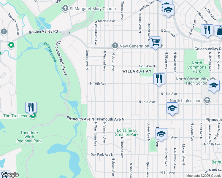 map of restaurants, bars, coffee shops, grocery stores, and more near 1419 North Upton Avenue in Minneapolis