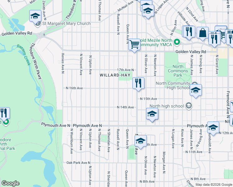 map of restaurants, bars, coffee shops, grocery stores, and more near 1424 Russell Avenue North in Minneapolis