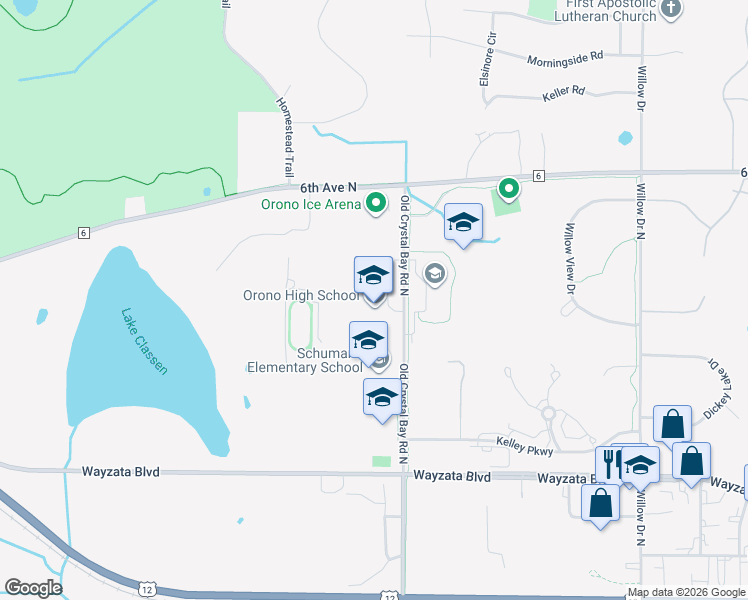 map of restaurants, bars, coffee shops, grocery stores, and more near 795 Old Crystal Bay Road North in Long Lake