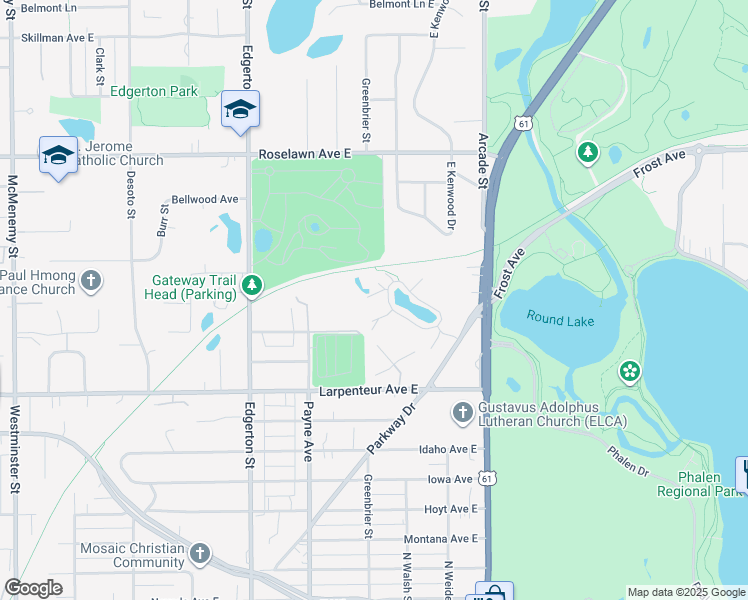 map of restaurants, bars, coffee shops, grocery stores, and more near 726 Maple Hills Drive East in Maplewood