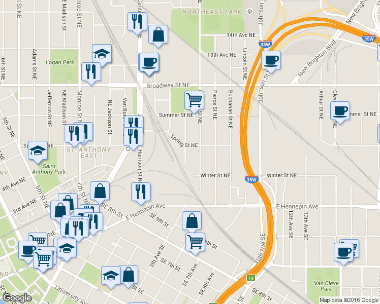 map of restaurants, bars, coffee shops, grocery stores, and more near 423 Northeast Taylor Street in Minneapolis