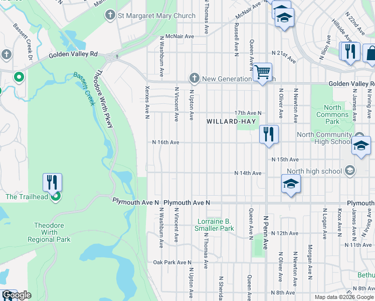 map of restaurants, bars, coffee shops, grocery stores, and more near 1419 North Upton Avenue in Minneapolis