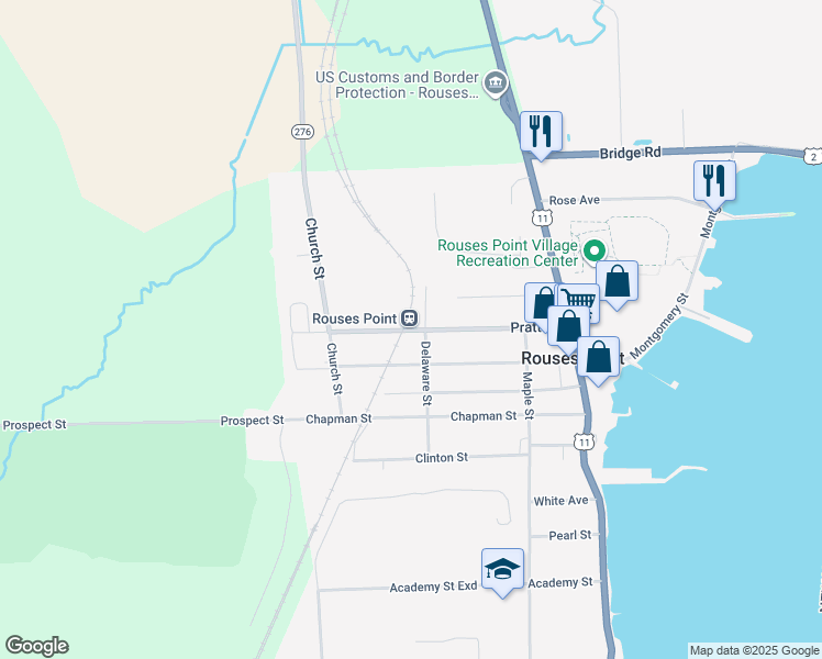 map of restaurants, bars, coffee shops, grocery stores, and more near 68 Pratt Street in Rouses Point