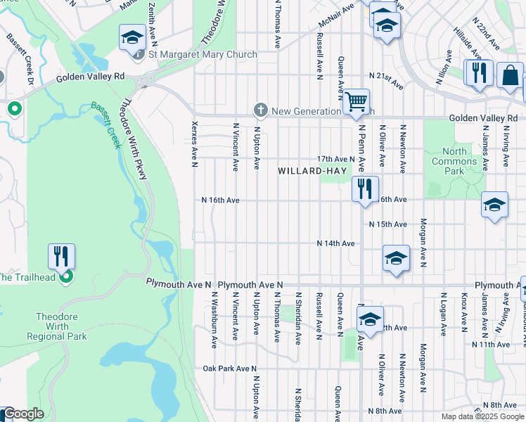 map of restaurants, bars, coffee shops, grocery stores, and more near 1419 North Upton Avenue in Minneapolis
