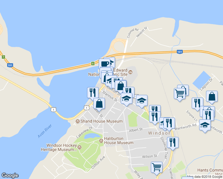 map of restaurants, bars, coffee shops, grocery stores, and more near 62 Gerrish Street in Windsor