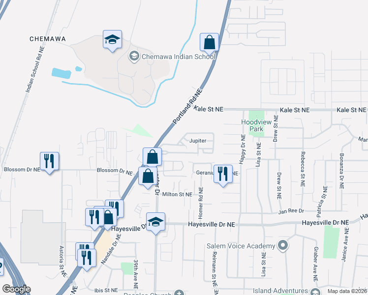 map of restaurants, bars, coffee shops, grocery stores, and more near 4904 Oregon 99E in Salem