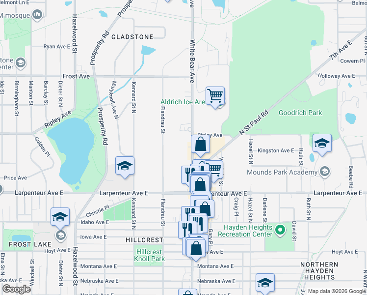 map of restaurants, bars, coffee shops, grocery stores, and more near 1805 White Bear Avenue in Maplewood