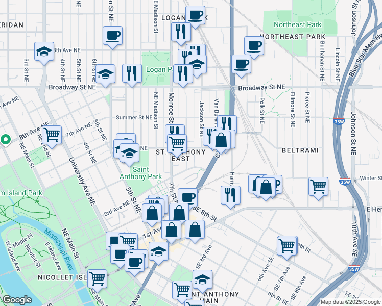 map of restaurants, bars, coffee shops, grocery stores, and more near 612 Northeast Jackson Street in Minneapolis