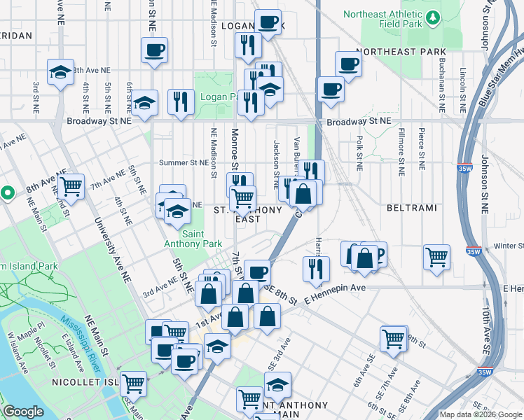 map of restaurants, bars, coffee shops, grocery stores, and more near 612 Northeast Jackson Street in Minneapolis