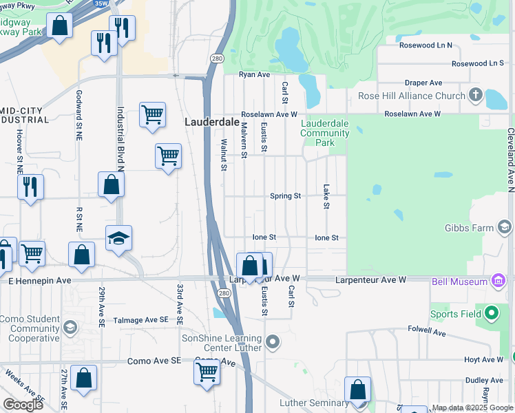 map of restaurants, bars, coffee shops, grocery stores, and more near 1795 Eustis Street in Lauderdale