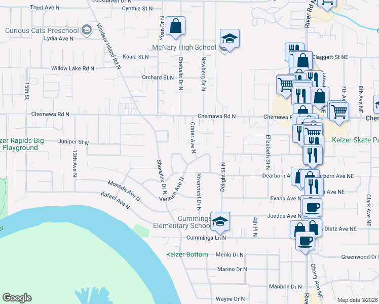 map of restaurants, bars, coffee shops, grocery stores, and more near 4875 Crater Avenue North in Keizer