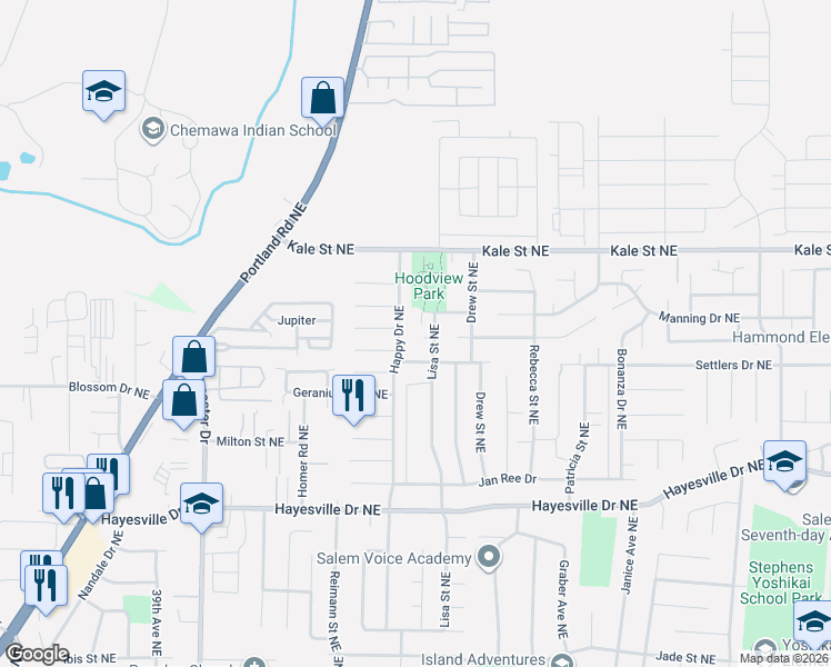 map of restaurants, bars, coffee shops, grocery stores, and more near 4885 Lisa Street Northeast in Salem