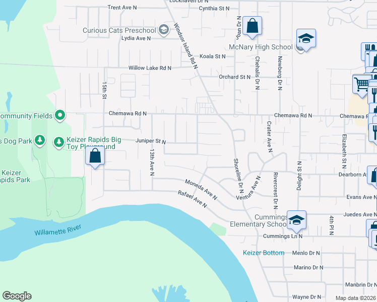 map of restaurants, bars, coffee shops, grocery stores, and more near 1129 Juniper Street North in Keizer
