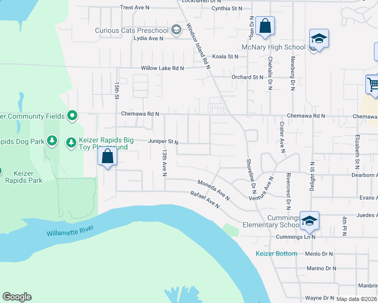 map of restaurants, bars, coffee shops, grocery stores, and more near 1129 Juniper Street North in Keizer